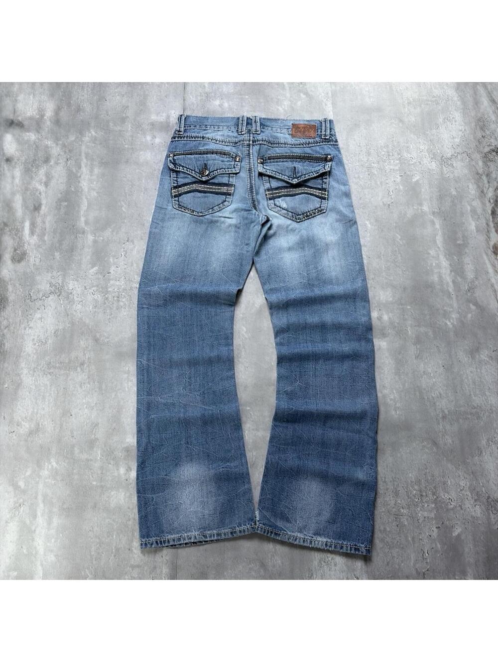 Y2K Blue Axe & Crown Grunge Distressed Bootcut Denim Jeans